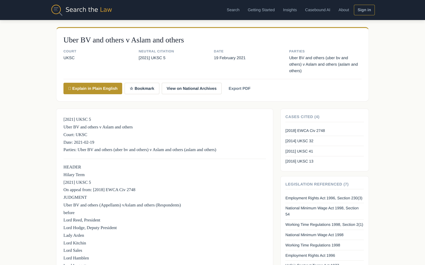 Case detail page showing Uber BV v Aslam with court metadata, Cases Cited sidebar listing 4 cited authorities, and Legislation Referenced sidebar with 7 statutes