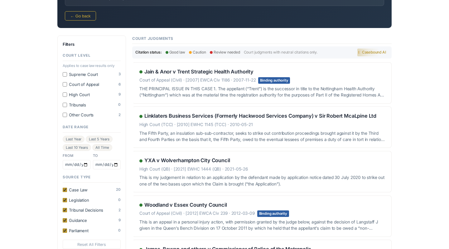 Search results showing citation treatment indicators — green (Good law), amber (Caution), and red (Review needed) — alongside court-level filters and text snippets